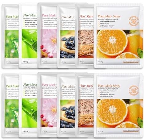 12PCS Sheet Face Mask,Face Masks Skincare Sheet,Sheet Masks Multipack,Skincare Face Masks,Pure Natural Plant Extracts, Moisturizing, Nourishing,Deep Cleansing Pores,for All Skin Types