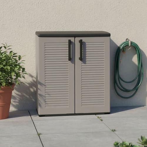 Dmora - Armoire d'extérieur Mol, Armoire de Balcon Polyvalente, Armoire d'extérieur avec 2 Portes, 100% Made in Italy, 68x37h84 cm, Finition rayée, Gris et Noir