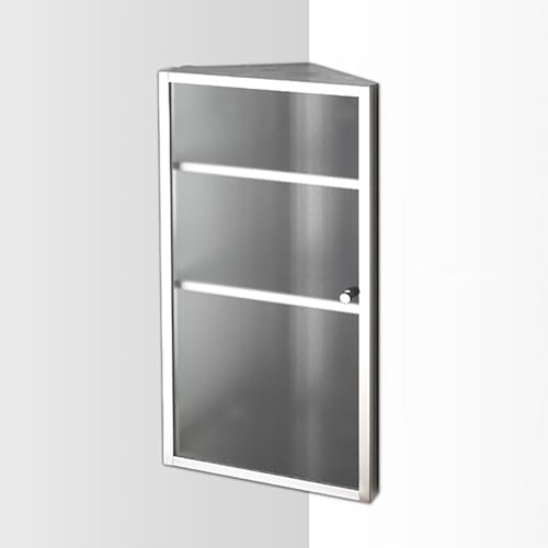 MPFYRCOJ Badezimmerschrank, Medizinschrank aus Edelstahl zur Eckmontage, Erste-Hilfe-Wandschrank mit 3 Ablagefächern, Milchglastür und Spiegel (Farbe: glänzend, Größe: links offen).