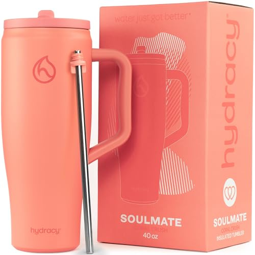 Hydracy Soulmate Bicchiere termico da 1,18 L con manico e cannuccia retrattile - Tazza isolante riutilizzabile a prova di perdite al 100% con cannuccia in acciaio inossidabile - Coral Crush
