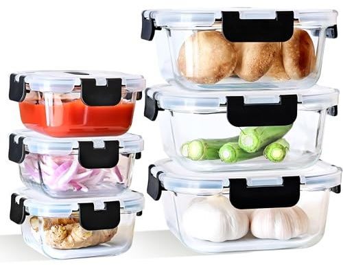 IUGHN Glass Containers With Lids – 3x320+3x800ML Meal Prep Containers Reusable | Freezer Storage Boxes | Borosilicate Glass (-40°C to 560°C) | Glass Lunch Box With Lid + Leakproof 4D Lock & FDA