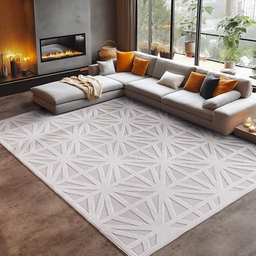Carpetsale24 In- & Outdoor Teppich 140x200 cm – Wetterfest & Pflegeleicht – Creme Teppich mit Rauten Design & 3D Hoch-Tief-Effekt – Für Küche, Terrasse, Balkon, Wohnzimmer & Schlafzimmer