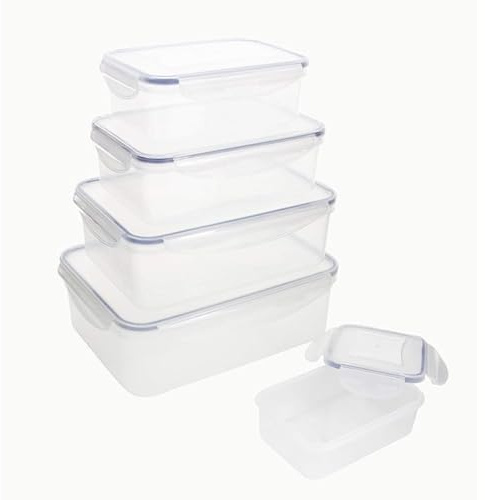 HOMESHOPA Rectangular Airtight Plastic Food Storage Containers Set of 5, Stackable & Nestable Large Lunch Boxes with Clip Lock Lid, Reusable, Leakproof, BPA Free, Dishwasher, Freezer, Microwave Safe