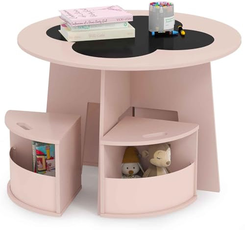 COSTWAY Kids Table and Chairs Set, 5 Pieces Toddler Activity Furniture with 4 Storage Stools, Chalkboard Tabletop, Children Table and Chair Set for Boys Girls (Pink)