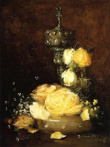 XcBAIHOUD Poster Image Affiche Artistique Toile Décorative Calice en argent avec roses par Julian Alden Weir Peinture Murale Pour les Décorations pour la Maison 60x90cm