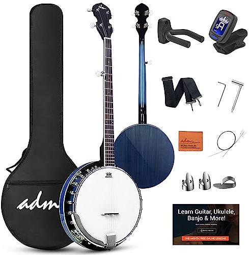 ADM Kit de banjo de 5 cuerdas para principiantes con cabeza Remo, parte trasera cerrada de tamaño completo en 24 soportes con lecciones gratuitas y accesorios de inicio para adultos y adolescentes