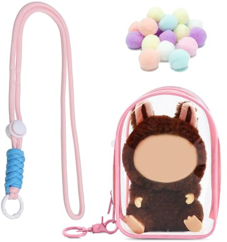 OYZOQ Protection pour labubu, Mini sac à dos transparent pour poupée de dessin animé pour labubu avec cordon + pompon