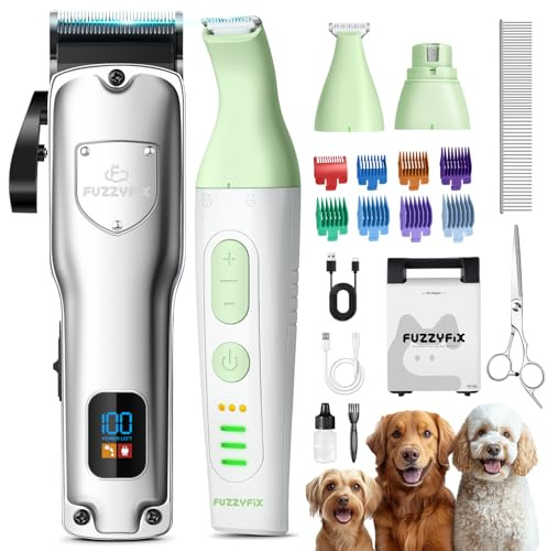 FuzzyFix Dog Grooming Kit 4 in 1,Dog Clippers Professional for Thick Hair with Low Noise Rechargeable,Pet Grooming Kit Cordless Desgin with Storage Box