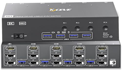 YOUTINGHDAV KVM Switch 4 PC 3 Moniteurs 8K@60Hz 4K@144 Hz, USB 3.0 KVM Switch Triple Monitor 2 Displayport + HDMI for 4 PC Partageant Clavier, Souris, Wired Remote(8K DP HD 4 in 3 out KVM)