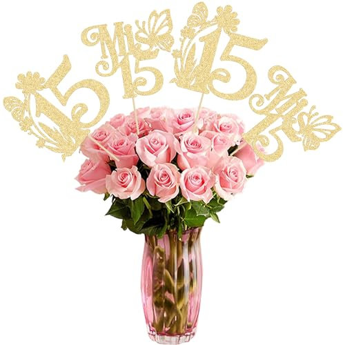 Ephlyn 12 bastoncini centrotavola per 15° compleanno Hello 15 Sweet 15 Sweet 15 centrotavola da tavolo bastoncini quindici Mis 15 mele cotogne decorazioni floreali per applausi a 15 forniture per
