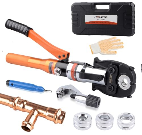 HZLZRZ ProPress Tool Copper Tube Fittings Hydraulic Copper Pipe Crimping Tool with 1/2,3/4 and 1 inch Jaws and Stainless Steel Pipe Cutter and Deburring Tool,Suit for Narrow Space and Tee Fittings