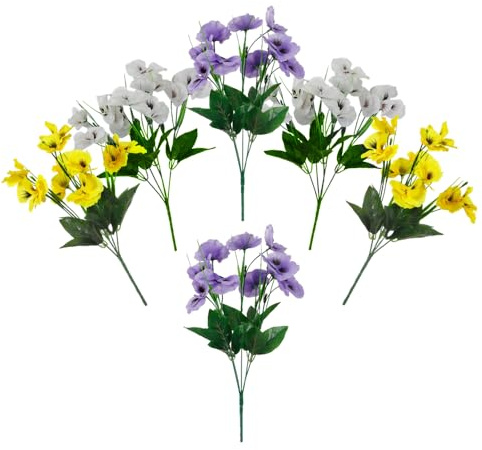 DODXIAOBEUL 6 Bundles Artificial Silk Flowers 13.7'' Faux Pansy Flowers UV Resistant Plastic Plants for Home Wedding Garden Porch Table Centerpieces Indoor Outdoor Decor,Yellow Purple White