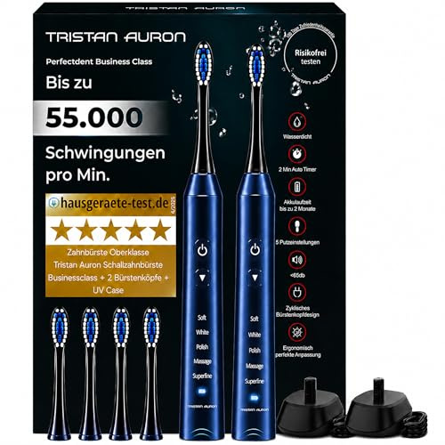 Elektrische Schallzahnbürste 55000 Schwingungen, risikofrei 100 Tage testen | Tristan Auron Business Class Doppelpack (blau), Beste Reisezahnbürste, 60 Tage Akku, 5 Modi, IPX7 Wasserdicht, 4 Bürstenköpfe