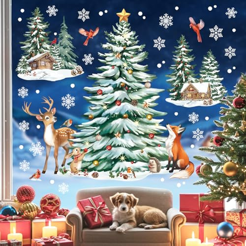 decalmile Fensterbilder Baum Weihnachten Schneeflocken Fensteraufkleber | Statische Anti-Kollision Fensterdeko, Beidseitiger Druck, auf Beiden Seiten klar Sichtbar, Wasserdicht, Abnehmbar