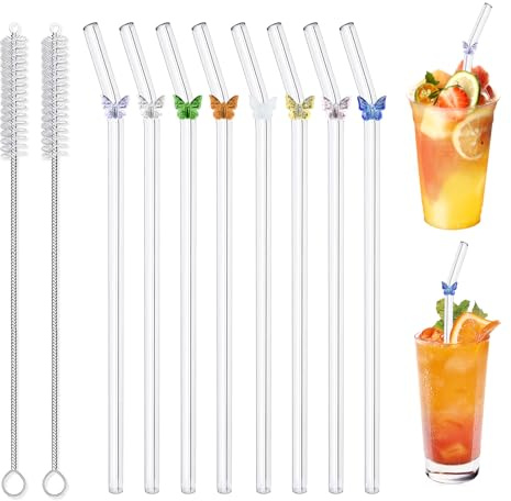 bssmmai 8 cannucce in vetro, riutilizzabili, con farfalla di cristallo, cannucce in vetro curve, con 2 spazzole di pulizia per succhi di frutta, cocktail, frullati