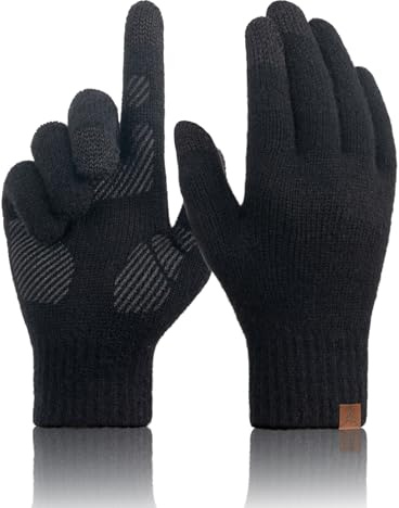 Guantes Termicos Hombre de Lana Merino, Guantes Invierno de Punto Movil Tactiles para Hombre Mujer, Lana Material Cálido Suave Adecuado para Smartphone Running Ciclismo Conducir Senderismo - Negro M
