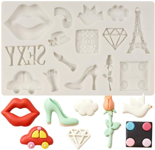 Sijiangmold I Love Paris Fondant Mould Eiffel Tower Silicone Moulds | Lips Lipstick Diamond High Heel Shoe Cake Decoration Chocolate Cupcake Topper Candy Polymer Clay Gum Paste