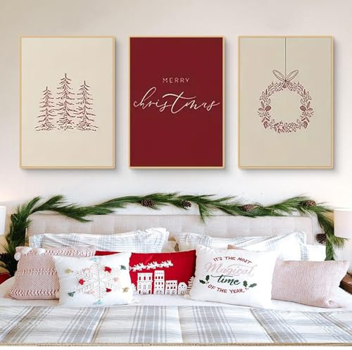 TROYSINC 3er Weihnachts-Poster Set, Ästhetik Winter Bilder Set mit Weihnachtsbaum, Rot Wandbilder Wohnzimmer Weihnacht Wanddeko für Wohnzimmer & Büro, Ohne Rahmen (B,30x40cm)
