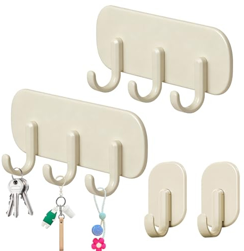 Aohyue Crochets Magnétiques en Crème 4 Pièces, 2 avec 3 Crochets, 2 avec 1 Crochet, Fixation Sans Perçage, Aimant Puissant, pour Serviettes, Clés, Tabliers, Organisation Cuisine, Réfrigérateur