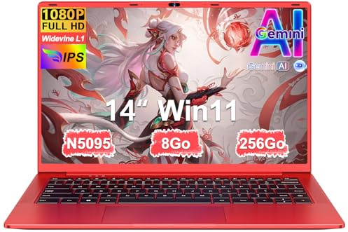 Ordinateur Portable 14 Pouces Celeron N5095 (jusqu'à 2,9 GHz) Win11 8Go 256Go SSD Extension1To 5G WiFi 1920x1080HD PC Portable avec Souris sans Fil QWERTY Clavier avec AZERTY Membrane Clavier-Rouge-12