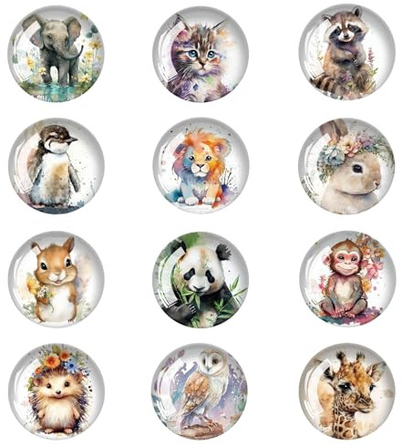 DIGNFENG 12er Set Kühlschrankmagnete Tiere Wassermalfarben | Wassermalfarben Design Glas Magnete 3cm Kleine Runde Lustige Magnete für Kühlschrank, Whiteboard, Pinnwand，Magnettafel-