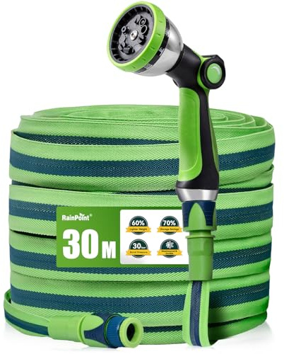 RAINPOINT Tuyau d'Arrosage Flexible 30m, Tuyau d'Eau Léger en TPE, Tissu Oxford 800D, Pression 30 Bar, Pistolet 10 Jets, Raccords 1/2 & 3/4