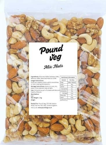 Pound Veg Raw Mixed Nuts – Unsalted Almonds, Cashews, Walnuts & Peanuts Bulkbag| Nut Gift selection| High Protein Snack | 1kg