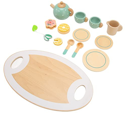 VGEBY Juego de Fiesta de té, Juego de té de Madera para Niños Pequeños con Bordes Lisos, Accesorios de de Simulación para Niñas Pequeñas