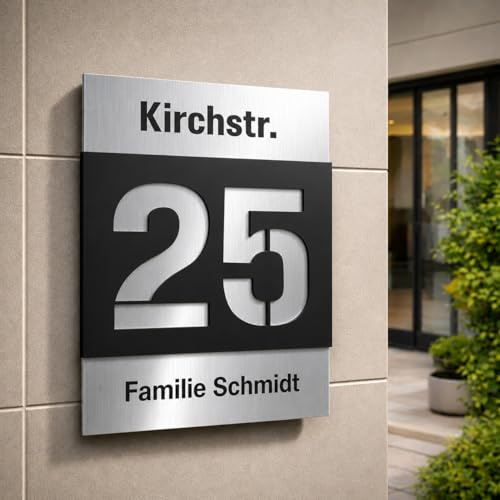 Hausnummernschild Trendy von EDS-Werbemedien - Hochwertiges Hausnummer Schild in Edelstahl-Design - Individuell personalisierbares Haus Nummernschild aus UV- und witterungsbeständigem Material