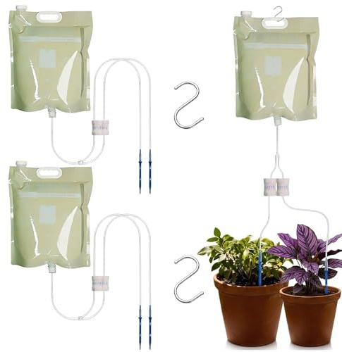 3Pcs Drip Irrigation Bag, 6.5L Plant Watering Device with Flow Control | 2 Pipes Each Irrigation Bag, Independent Wide Water Inlet, 3 'S' Hooks, Automatic Watering Systems for Outdoor Potted Plants