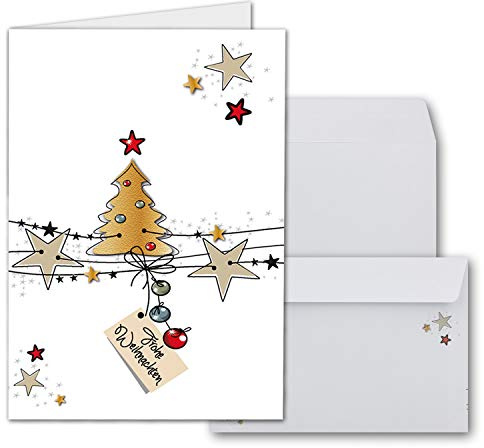 NEUSER PAPIER 100x Weihnachtskarten-Set DIN A6 in Weiß mit Weihnachtsbaum und Sternen - Faltkarten mit passenden Umschlägen - Weihnachtsgrüße für Firmen und Privat