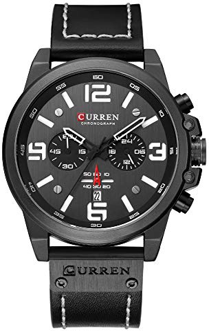 CURREN Luxus-Marke Herren Militär Stoppuhr Wasserdicht Leder Chronograph Armbanduhr Herren Mode Quarz Armbanduhr (Schwarz), Schwarz, Quarzuhr, Chronograph