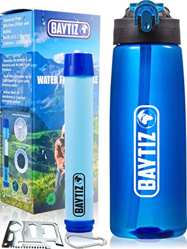 BAYTIZ ® Trinkflasche + Strohhalm Filter + Carabiner - Wasserfilter Outdoor mit Aktivkohle - Sport Überleben Campingplatz Wandern Survival Wasser Flashe Stroh Wasseraufbereiter Life Filtersystem Straw