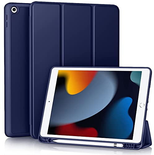Vobafe Hülle Kompatibel mit iPad 9 8 7 Generation(10.2 Zoll, Model 2021/2020/2019,9./8./7.), Weiche TPU Rückseite Abdeckung Klappständer Schutzhülle mit Stifthalter, Auto Schlafen/Wachen, Blau