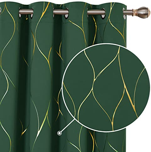Deconovo Room Darkening Curtains, Eyelet Thermal Insulated Gold Wave Foil Printed Curtains for Christmas, 46 x 72 Inch (Width x Length), Dark Forest, One Pair