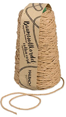 Halbach recycelte Baumwollkordel, 2 mm x 150 m, graubeige | Waschbares recyceltes Baumwollgarn, für Makramee und DIY-Handwerk