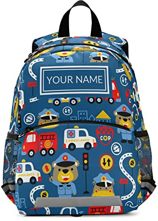 Customized Backpack with Personalized Name Cute Trucks Toddler Backpack for Girls Children Schoolbag With Safety Leash, Cartoon Animals Rescue Vehicles, One Size