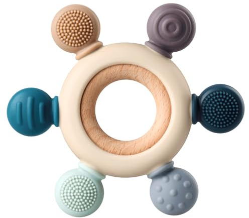 Baby Teething Toys, Silicone Chewable Teethers with Wooden Ring for Soothing Babies Gums, Rudder Chewers Shower Gift for lnfants & Toddlers, 3+ Months (6 Directions, Gray)