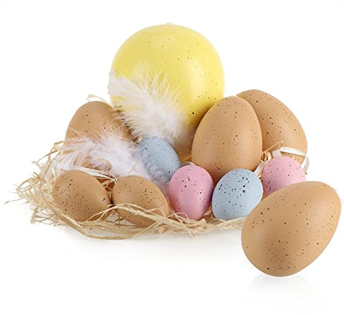 com-four® 11 pezzi Set di uova di Pasqua da appendere da, decorazioni | decorazione di uova con piume e paglia