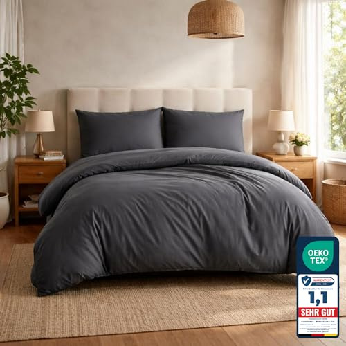 Komfortec Premium Bettwäsche 200x200 mit 2 Kissenbezug 40x80 cm Set aus Gebürstetes Mikrofaser - Anthrazit