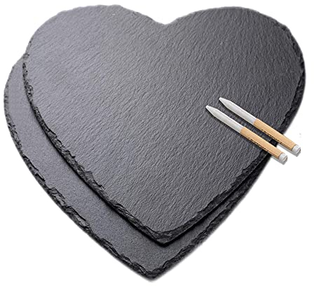 WLWNWFT Schieferplatte Servierplatte Herz 2er Set, Schiefer Herz 25 cm mit Kreidestift, Schiefer Käseplatte Herzplatten, Ideal zum Servieren und als Deko