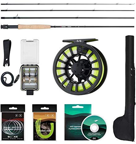 Angelrollen Aluminium 5/6 Fliegenrolle 2,7 m Carbonrute Fliegenschnur Backing Line 9 PCS Fliegen Tackle Box mit 77 cm Rutentasche Fliegenrutenkombination für Küstenboot Felsen Süßwasser Salzwa