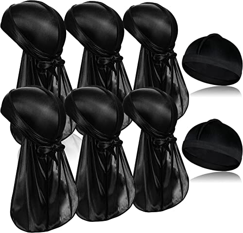 TSKNOMO 6 Stück Schwarze seidige Durags mit langem Schwanz und 2 Stück Satin Wave Cap, Pack Do Lumpen für Männer 360 Waves