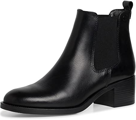 Tamaris Botines Chelsea de Piel para Mujer, Tacón Cuadrado, Cómodos, Negro, 41 EU