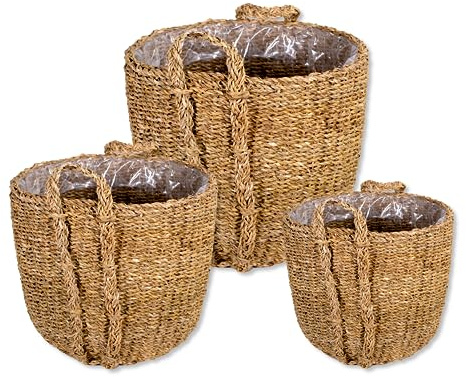 DARO DEKO Seegras Korb Topf rund Natur 3er Set mit Einsatz und Henkel Blumentopf geflochten Aufbewahrungskorb Übertopf Blumenkorb