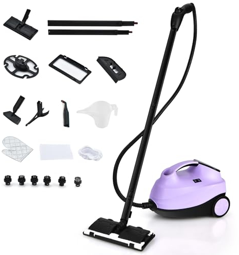 GOPLUS Nettoyeur Vapeur, 19 Accessoires, Pression 4 Bar Puissance 2000W avec Réservoir d'Eau 1,5L, Balai Vapeur pour Tapis, Fenêtre, Verre et Rideau, Viiolet