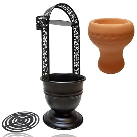 Bayli Shisha Kohlebehälter inkl. Tonkopf | Kohlekorb mit Tabakkopf für die Shisha, Wasserpfeife Kohle | schwarzmatt - Höhe [35 cm] | Grillkohlekorb mit Zangenhalter | Charcoal Basket | Kohlezubehör