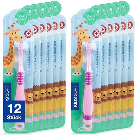 Wellsamed Sparset mit 12 Stück Kids Soft Kinderzahnbürsten Rosa, Zahnbürste für Kinder von 2-6 Jahren