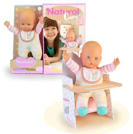 Nenuco - Muñeco con diseños en Colores Naturales, Incluye una Trona de cartón fácil de Montar. Un muñeco Bebe de 25cm y Cuerpo blandito. (NFN80000)