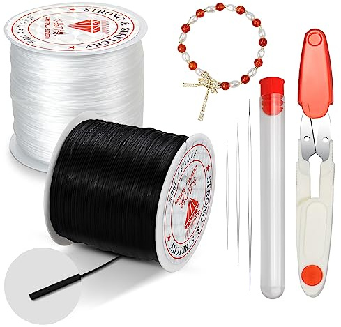2 Spule Gummiband für Armbänder, Suofuolef 120m x 0,8mm Elastisches Band für Armbänder mit Perlennadel und Schere für Schmuckherstellung, Halskette, DIY Basteln，Schwarz + Weiß | Elastisches Band für Armbänder mit Perlennadel und Schere für Schmuckherstellung, Halskette, DIY Basteln